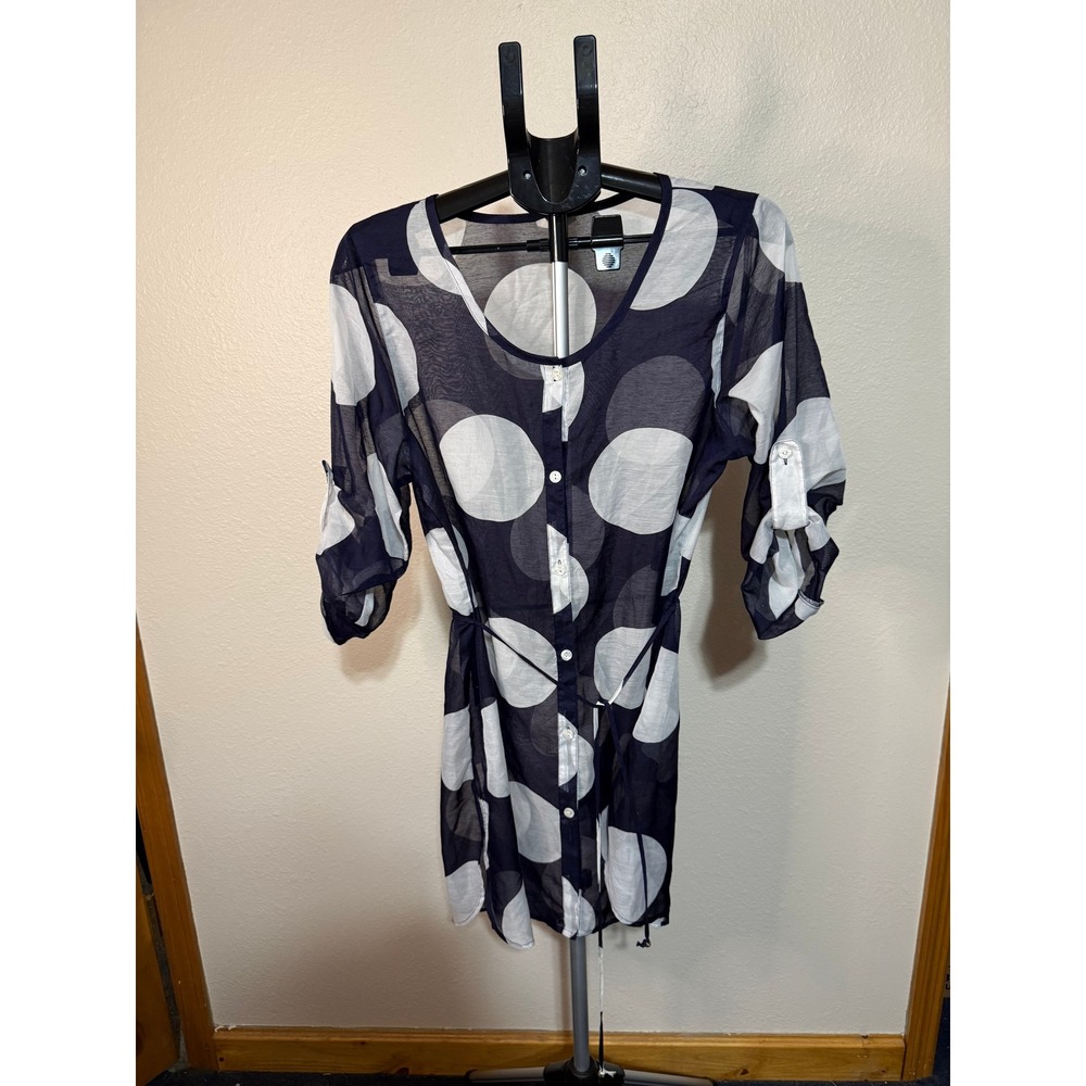 Merona‎ Navy Blue White Polka Dot Roll Tab Sleeve Button Front Tunic Top Size M